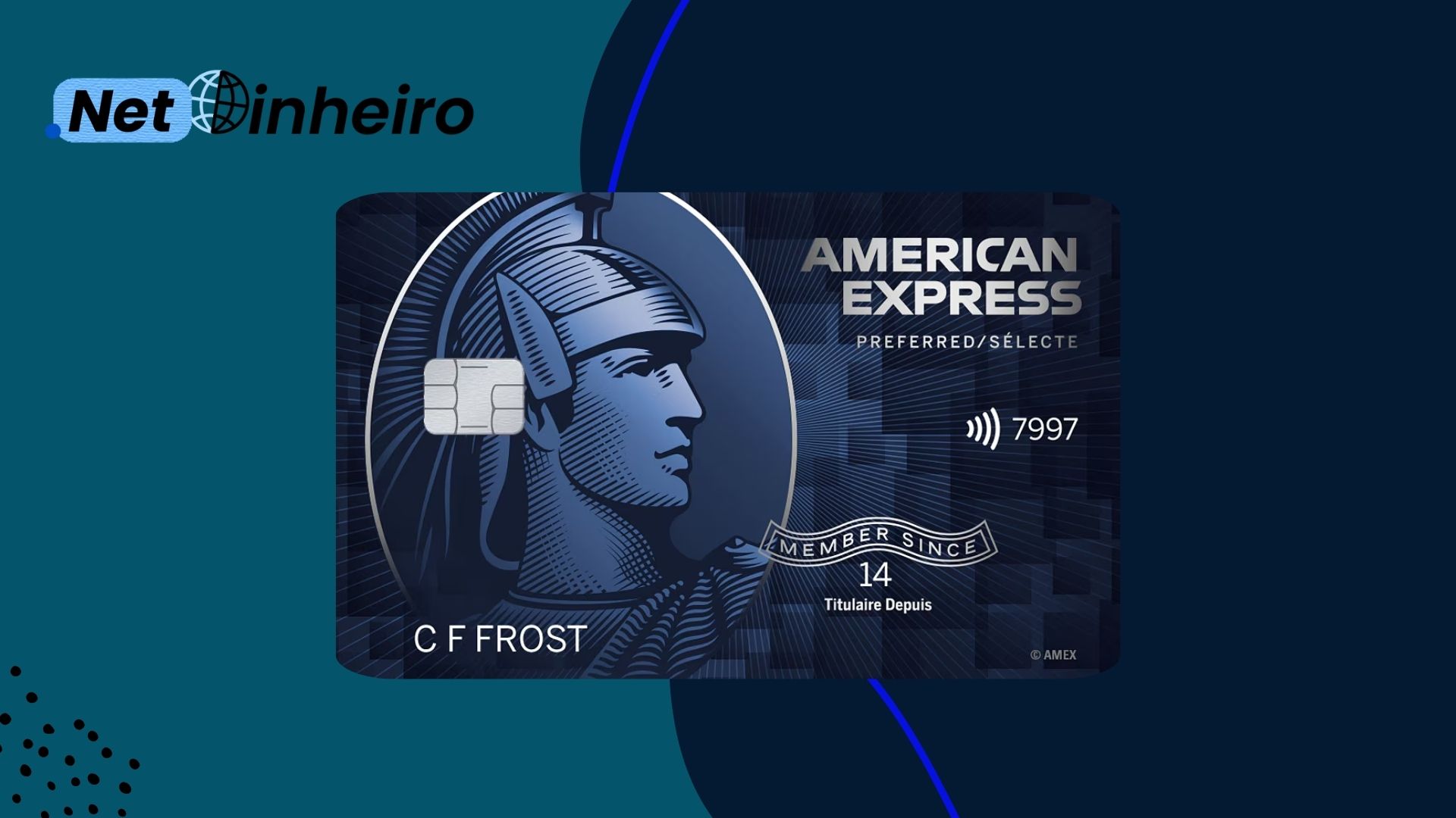 A digital image features an American Express Preferred Card, designed in a dark blue color with a sophisticated pattern. The card prominently displays the classic American Express Centurion figure on the left side. It includes an embedded chip for security and supports contactless payments, as indicated by the wave symbol next to the last four digits, "7997". The text "MEMBER SINCE 14" is printed on the lower right, along with the name C F Frost at the bottom. Above the card, the "Net Dinheiro" logo is visible, with the word "Net" in blue and "Dinheiro" in black, accompanied by a small globe icon. The background of the image features a modern dark blue and teal design with abstract elements.
