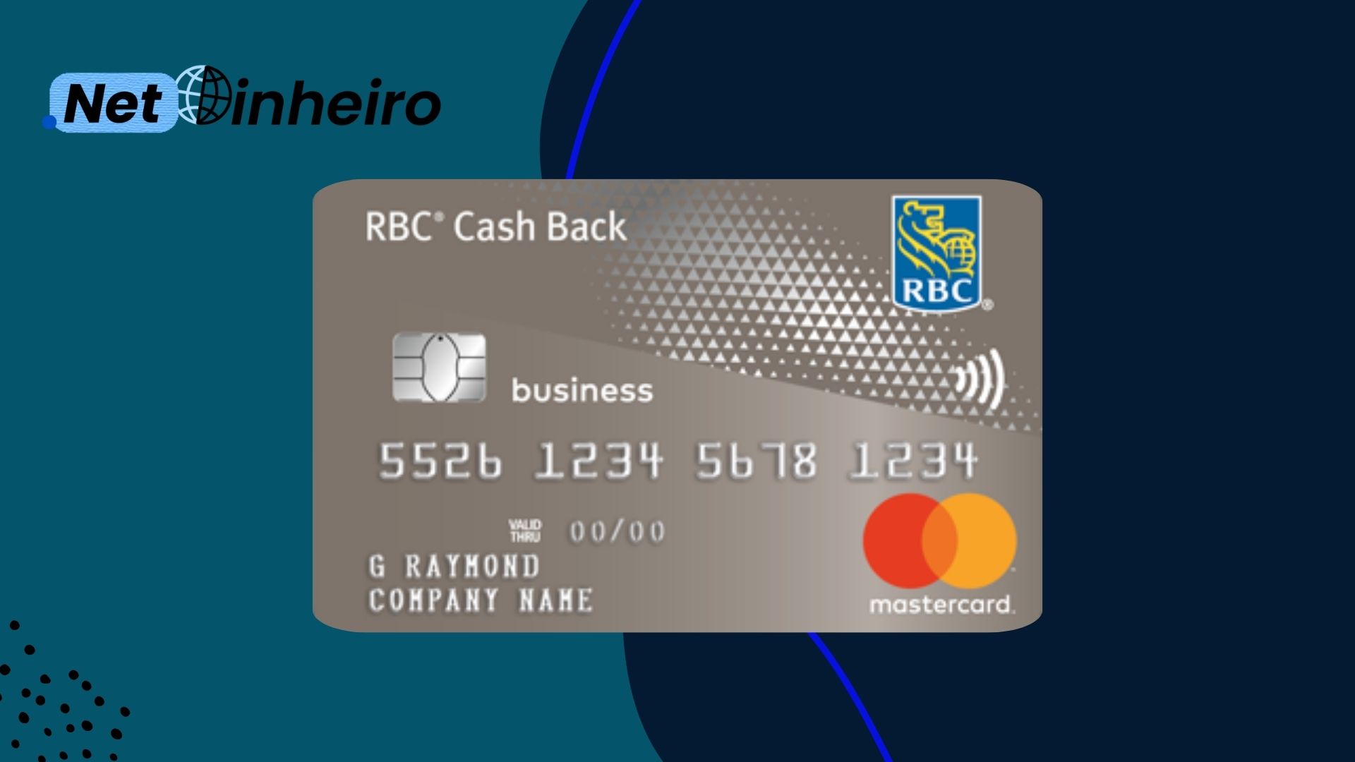A digital image featuring the RBC® Business Cash Back Mastercard‡ for business use. The card has a metallic design with the RBC logo on the top right, a Mastercard logo at the bottom right, and an embedded chip. The background is a modern blue-themed design with the "Net Dinheiro" logo at the top left.